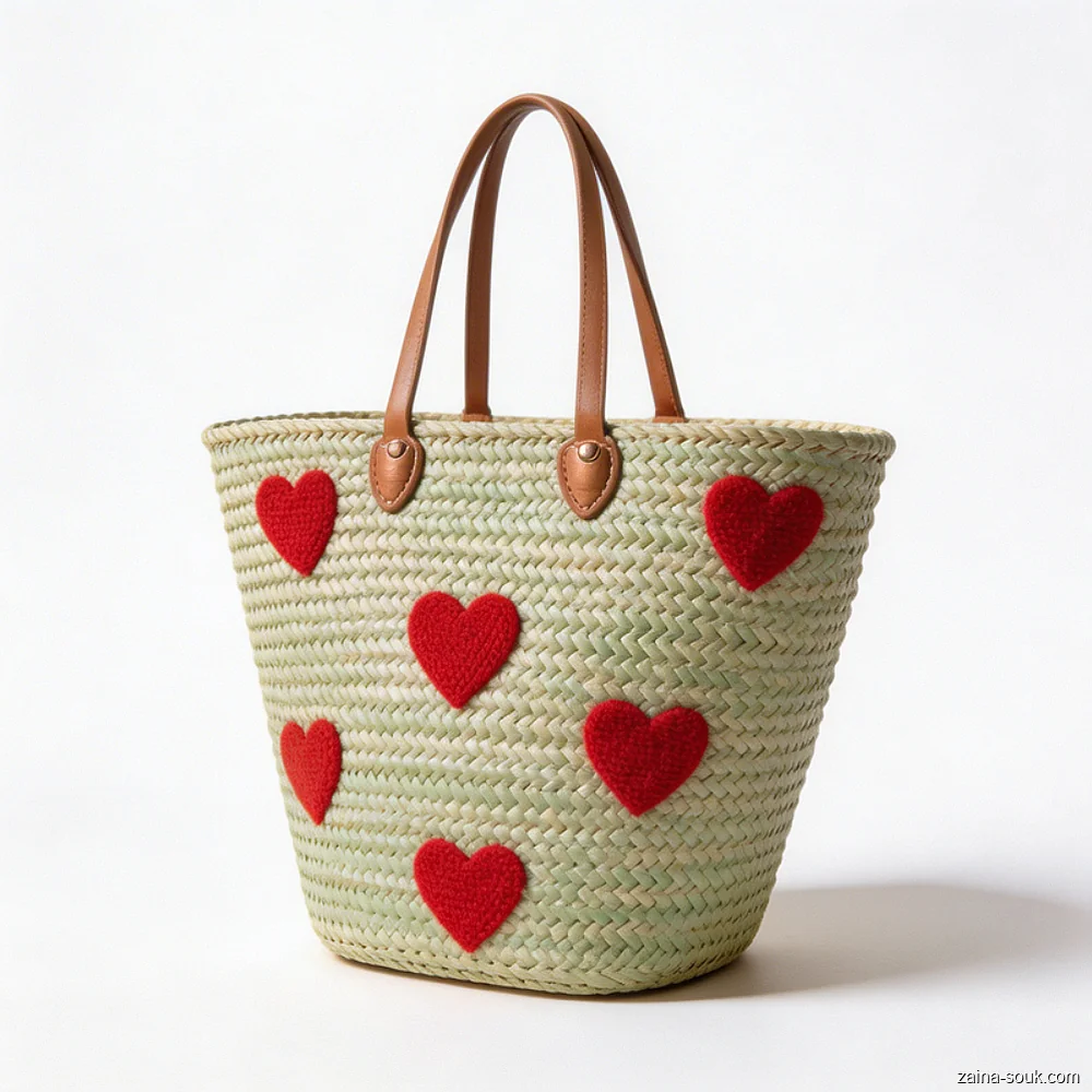 Heart Embroidered Straw Tote